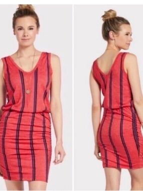 Sundry Red Striped Ruched Mini Dress Sleeveless Tank Bodycon Casual L